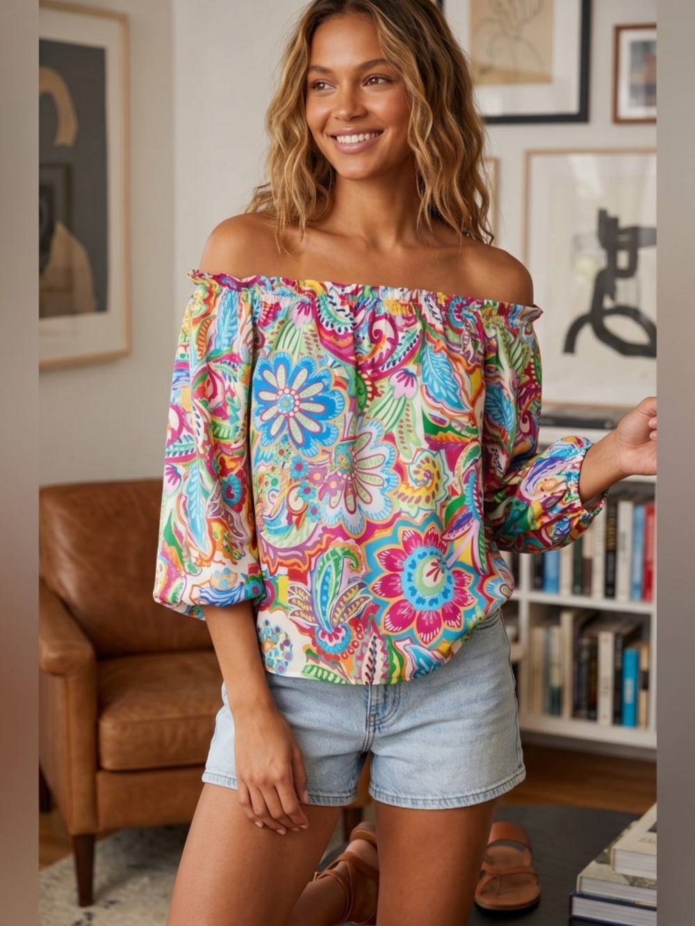 Flying tomato, colorful off the shoulder blouse, medium
